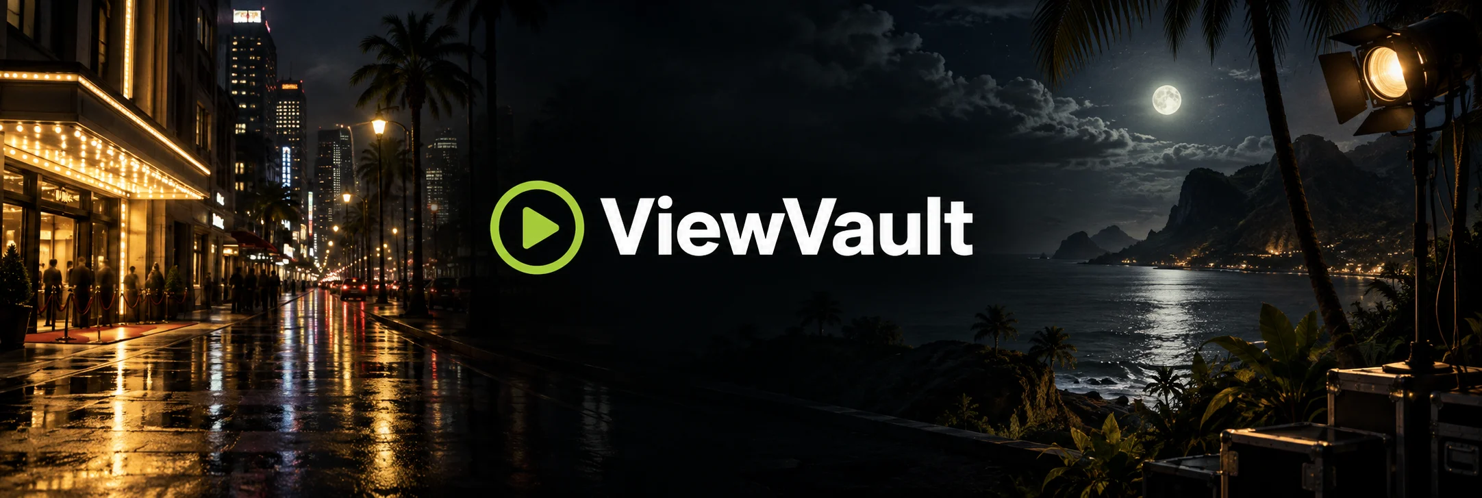 ViewVault in white beside a green play symbol, between a rain-lit cinema street and moonlit coast